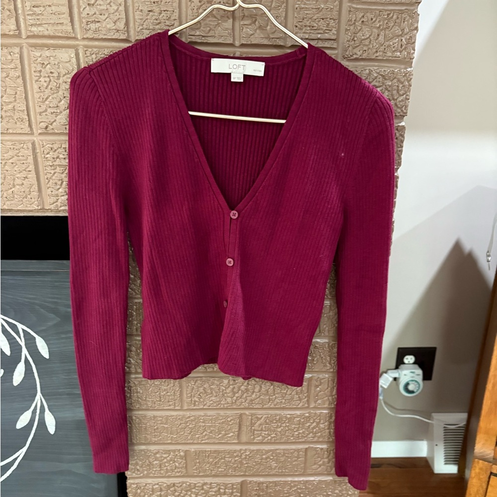 LOFT Women's Deep Red Ribbed Cardigan